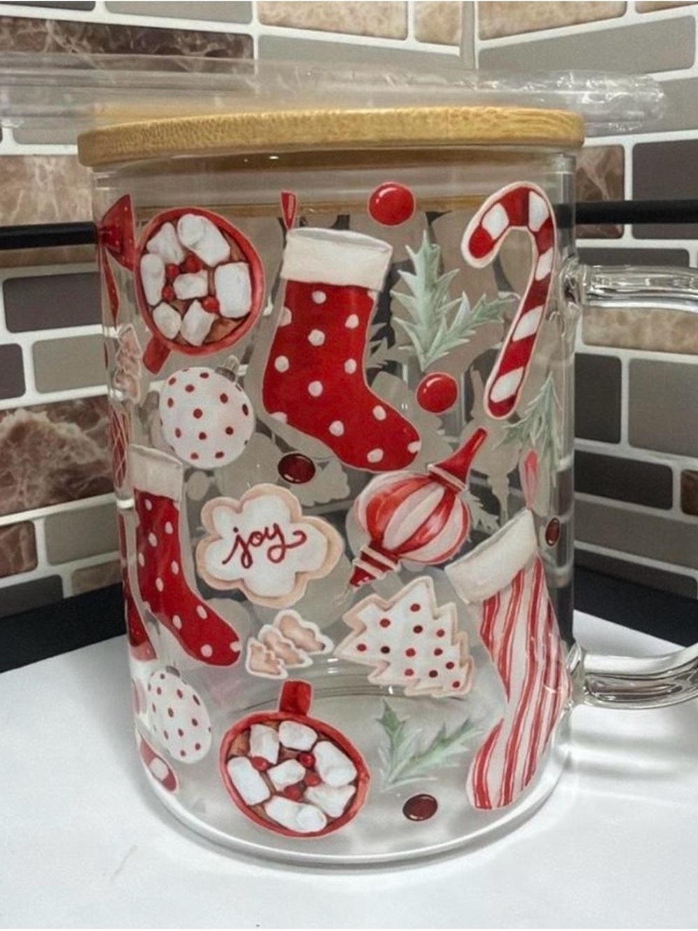 Red Holiday Glass Canister with Bamboo Lid